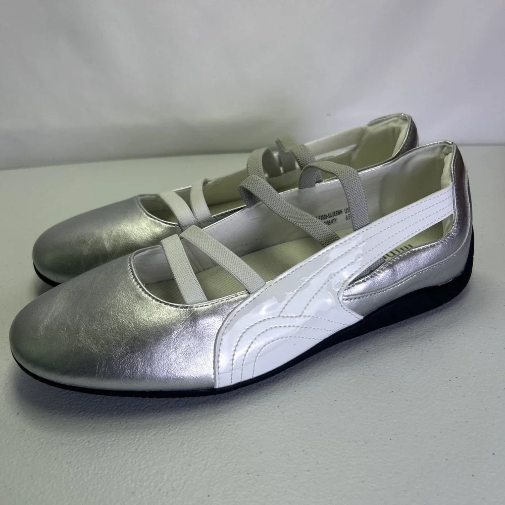 iiimmu Silver Ballet Flat Sneakers Women Size 8.5 NIB Metallic Mary Jane Straps